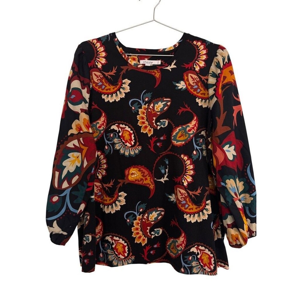 Chico’s Women’s LARGE Paisley Print Top Puff Sleeve Stretchy Casual Boho Blouse